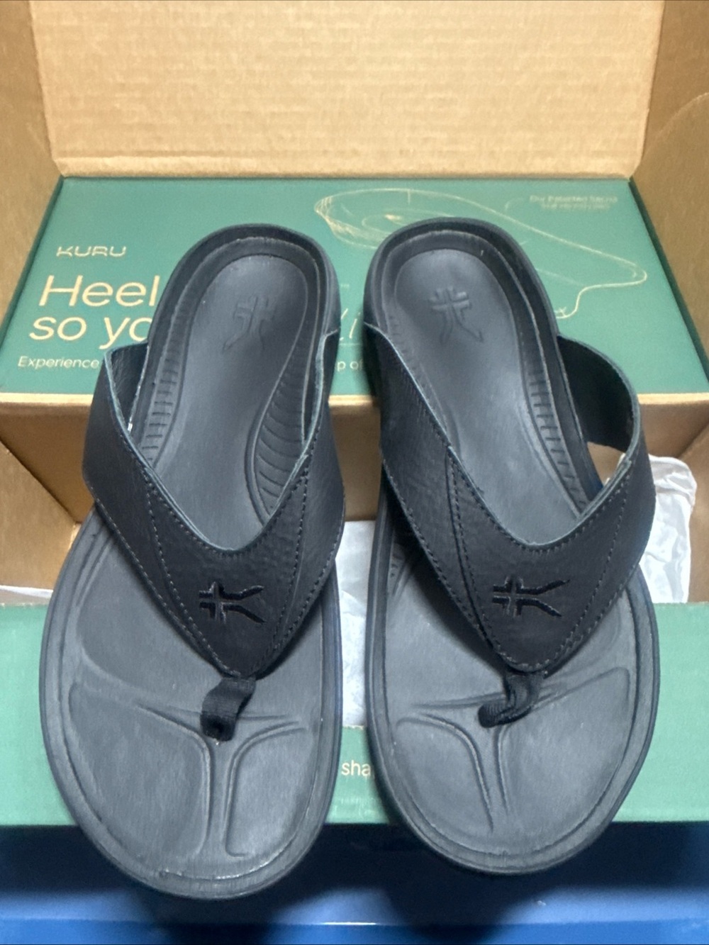 KURU Men's Black Leather Toe-Post Sandals